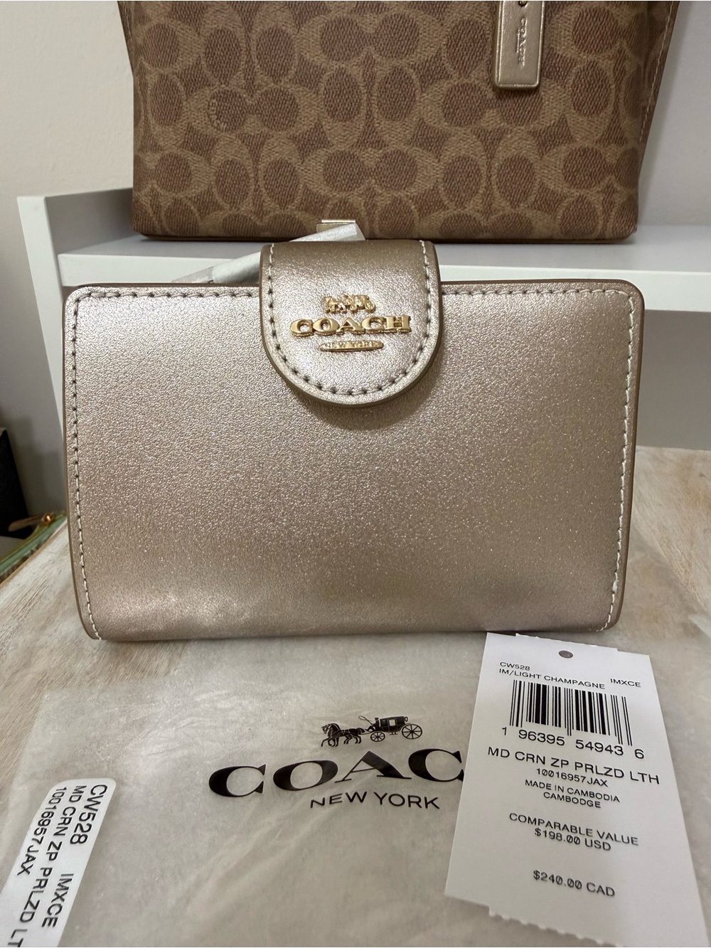 Coach Metallic Light Champagne Leather Snap Wallet
